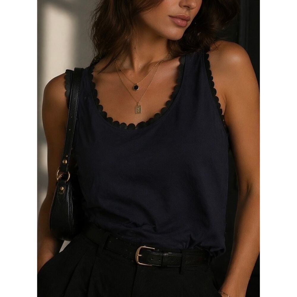 J.Crew Midnight Navy Scalloped Trim Tank | Minimalist Quiet Luxury Basic